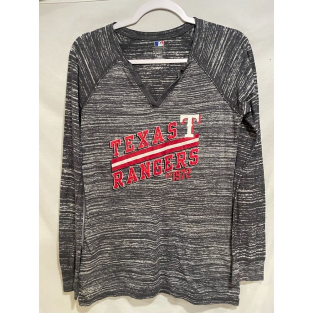 Texas Rangers L Gray Red V Neck Graphic LS Tee Shirt Burnout Est 1972 Baseball